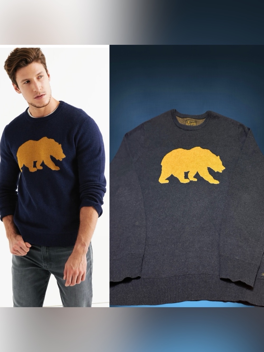 Lucky Brand Mens Navy Crewneck Sweater with Gold Bear XL